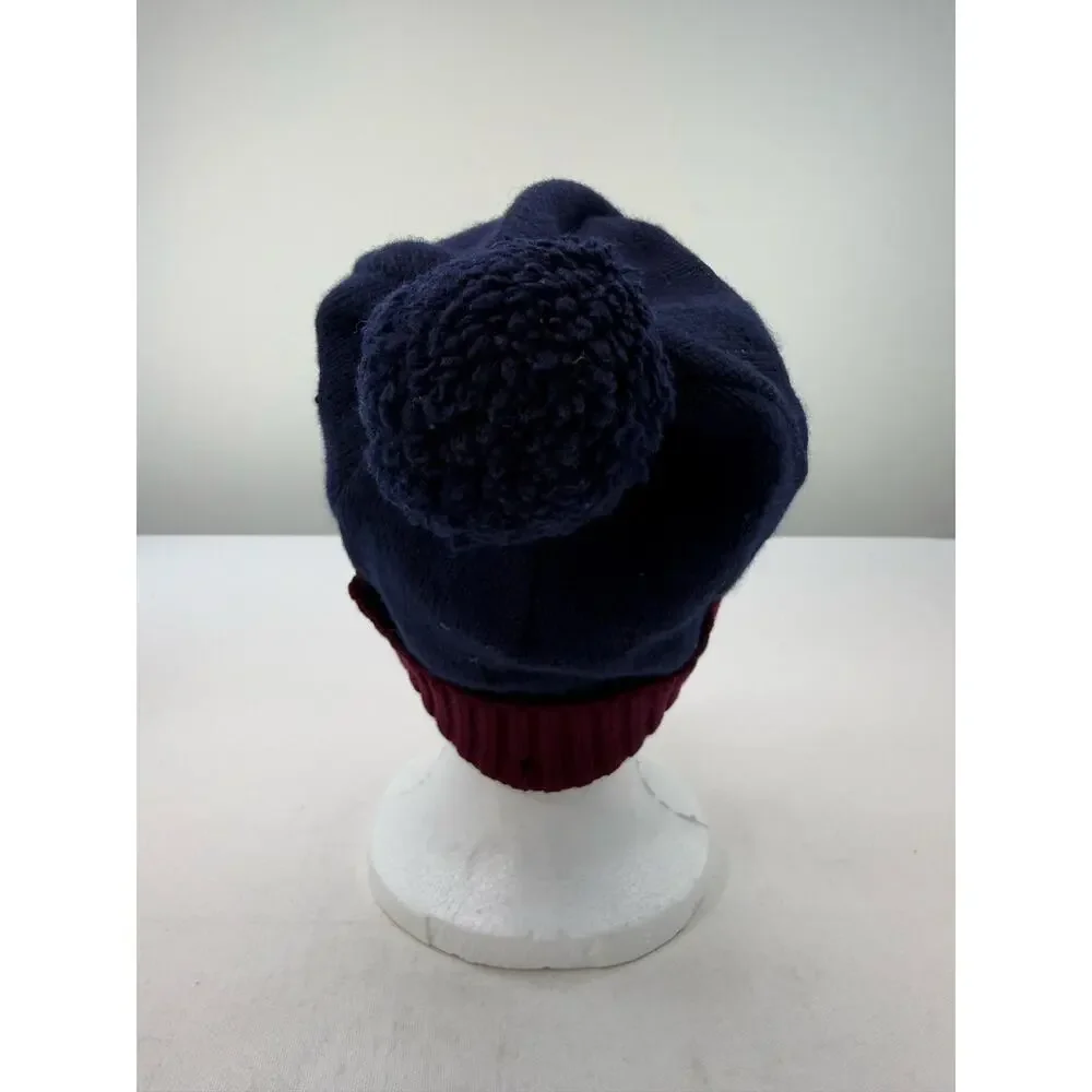 Ted Baker London Navy Burgundy Wool Pom Pom Beanie Hat 100% Wool